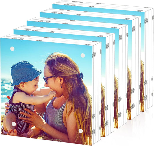 HELPLEX 5 Pack 8x8 Acrylic Picture Frames, 24mm Thicker Square Frameless Clear Frame Double Sided Magnetic Frame, Free Standing Desktop Display Stand