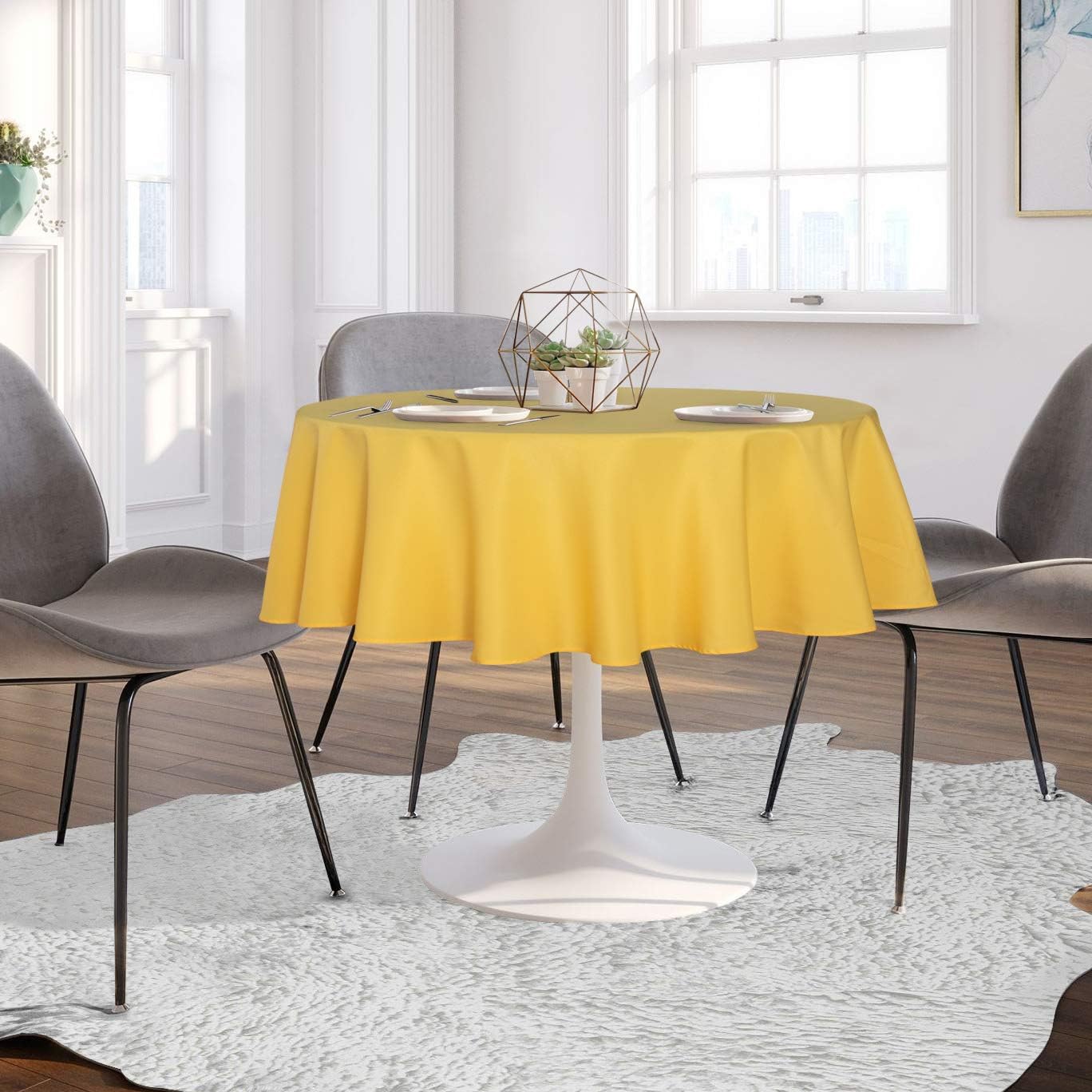 sancua Round Tablecloth - 80 Inch - Water Resistant Spill Proof Washable Polyester Table Cloth Decorative Fabric Table Cover for Dining Tables, Buffet Parties and Camping, Yellow