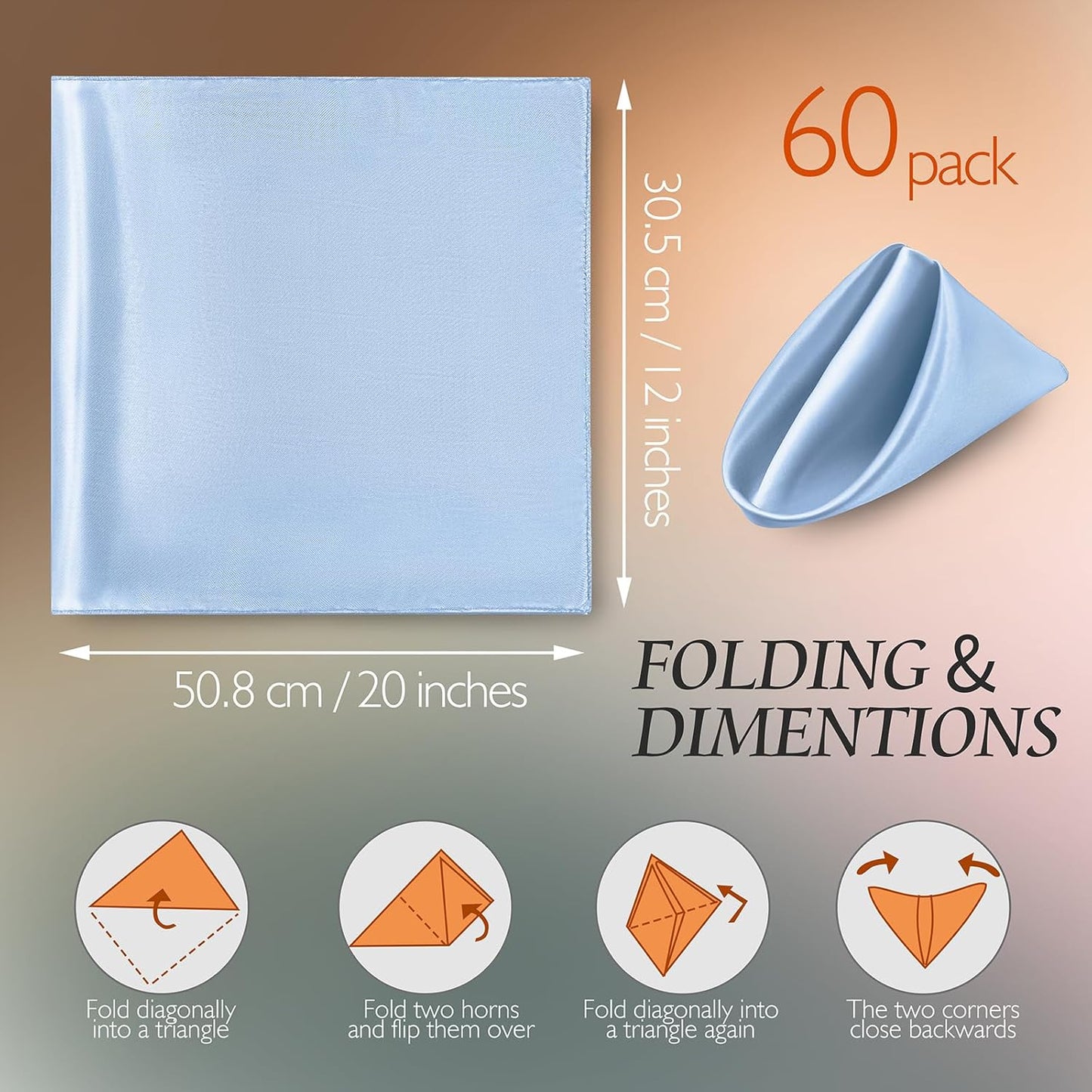 Manyshofu 60 Piece Baby Blue Satin Napkins - 20x20 Inch Square Fabric Napkins Set - Soft & Reusable for Wedding Dinner Party Lunch