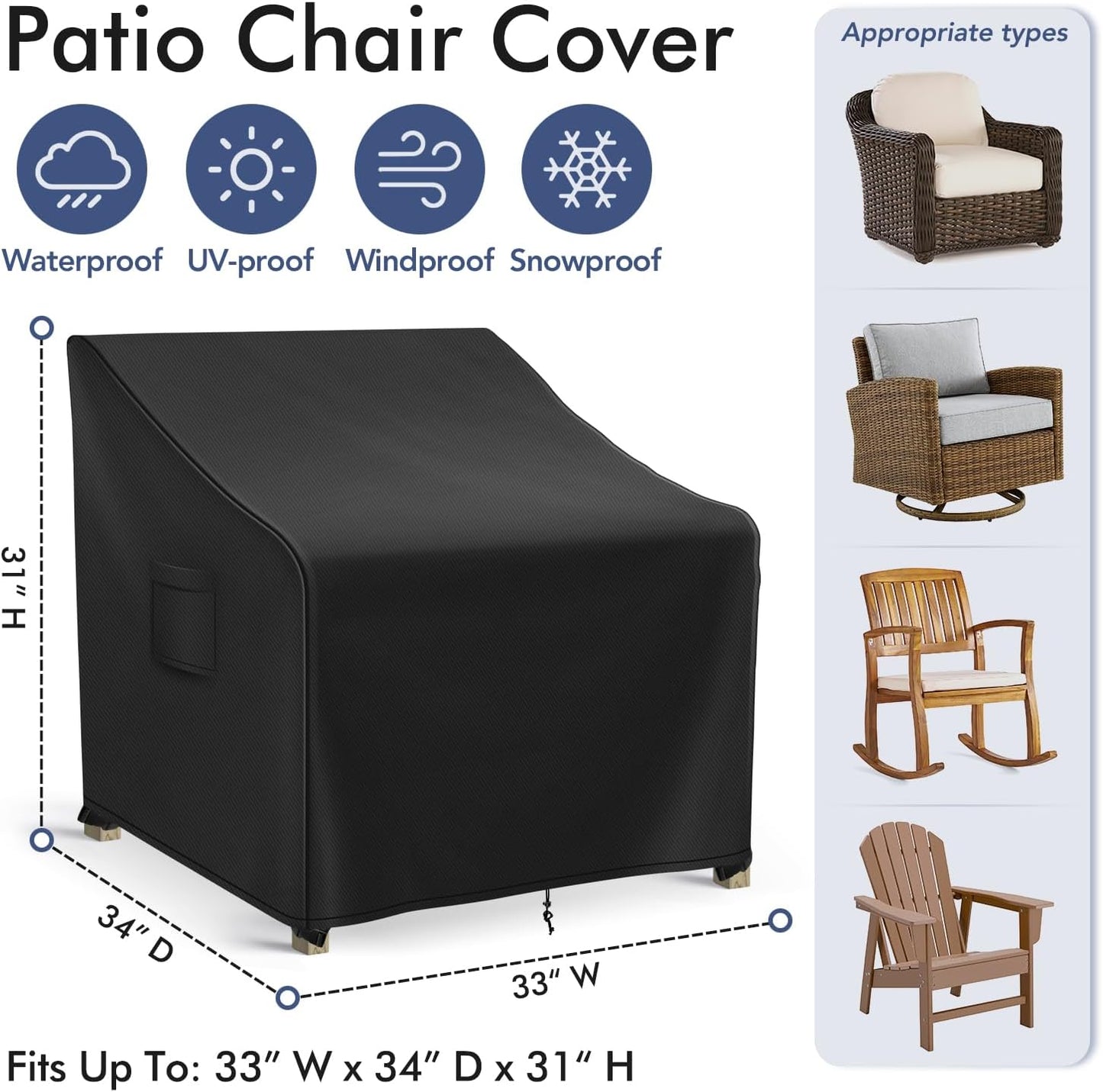 Patio Furniture Covers Waterproof for Chairs, Lawn Outdoor Chair Covers 2 Pack, Patio Chair Covers for Outdoor Furniture Fits up to 33W x 34D x 31H inches, Black