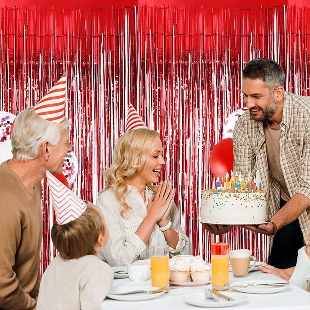 BEISHIDA 4 Pcs Red Door Streamers Tinsel Curtain Party Streamers Backdrop Fringe Foil Wall Background for Birthday Valentine's Day Christmas Wedding Party Decoration(3.28 ft x 6.56 ft)