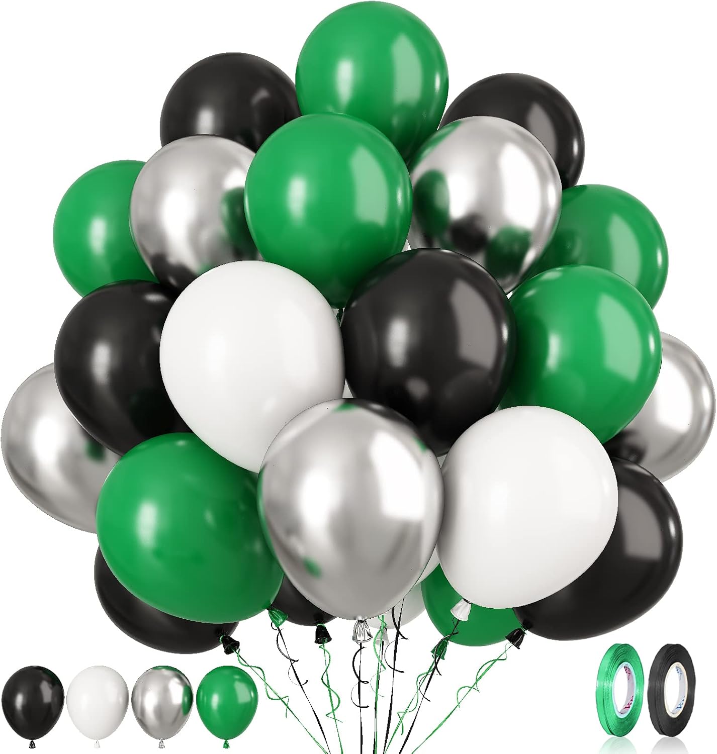 Paready Green Black Balloons, 60 Pcs 12 Inch Dark Green Metallic Silver Balloons, Black Green White Party Latex Balloons for Video Game, Football Party, Baby Shower, Birthday, Graduation Decoration