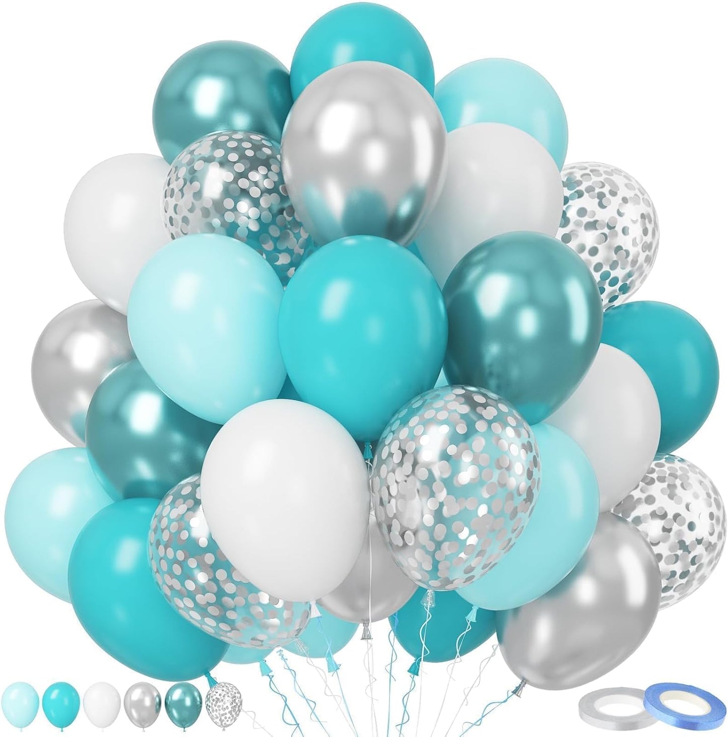 Paready Teal Blue Balloons Set, 50pcs 12 Inch Turquoise Metallic Green Confetti Silver White Balloons For Wedding, Bridal Shower, Engagement, Birthday