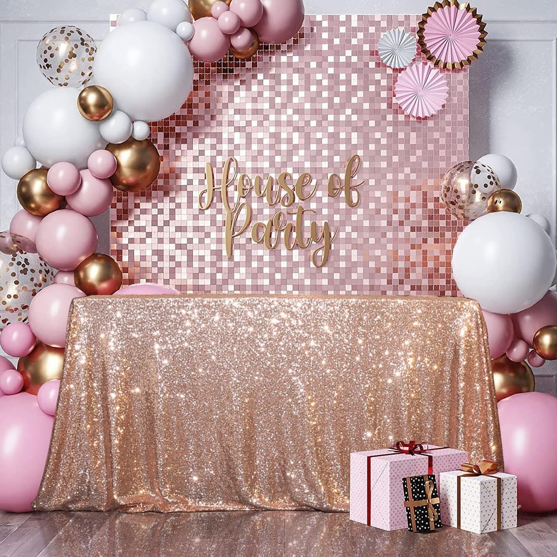 SquarePie Sequin Tablecloth 50 x 72 Inch Rose Gold Sparkly Table Cloth for Wedding Party