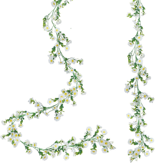 2 Pack White Flower Garland Artificial Daisy Silk Wildflower Hanging Flowers Fake Floral Vines Garland for Table Decoration Backdrop Wall Home Party Wedding Indoor Outdoor DIY Cemetery Decor