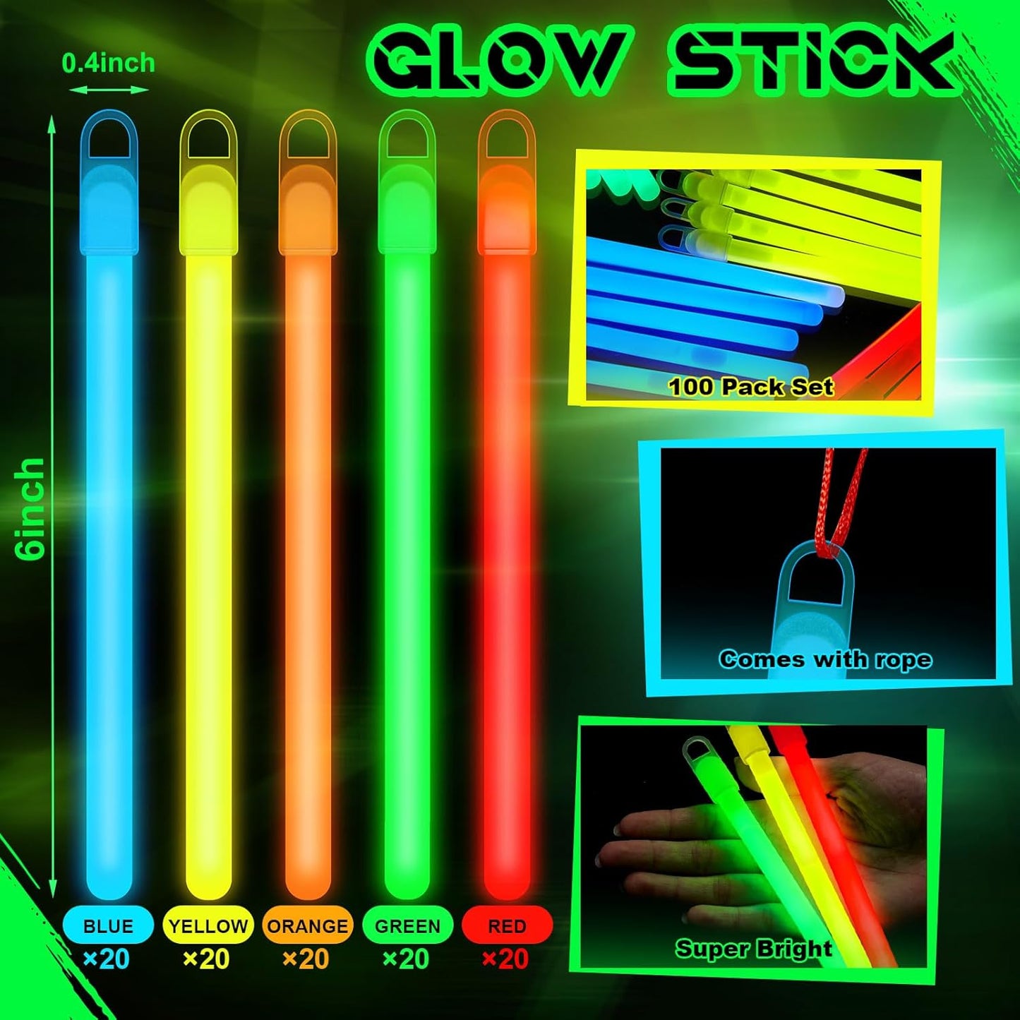 Lewtemi 4" or 6" 100 Pack Bright Glow Sticks Bulk, Glow in The Dark Party Supplies Birthday and Holidays Party Favors