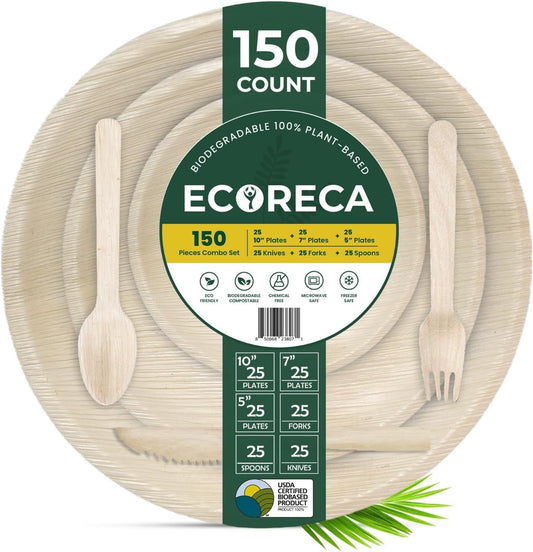 150-Piece Biodegradable Palm Leaf Dinnerware Set | 10", 7", 5” Inch Round Plates |Eco-Friendly Disposable Plates & Cutlery for 25 Guests Forks, Knives & Spoons for Wedding, Parties, BBQ