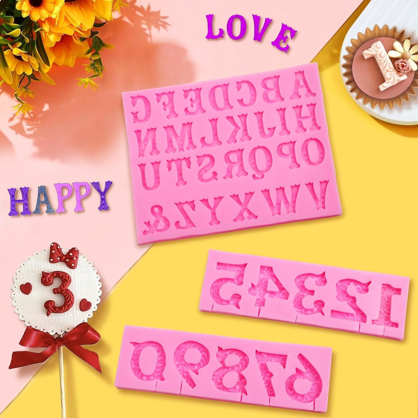 Silicone Fondant Molds, AIMEIKI 3 Pack 3D Silicone Number 0-9 Alphabet A-Z Embossed Fondant Chocolate Baking Molds for Decorating Birthday Cake Candy Chocolate DIY Craft Projects