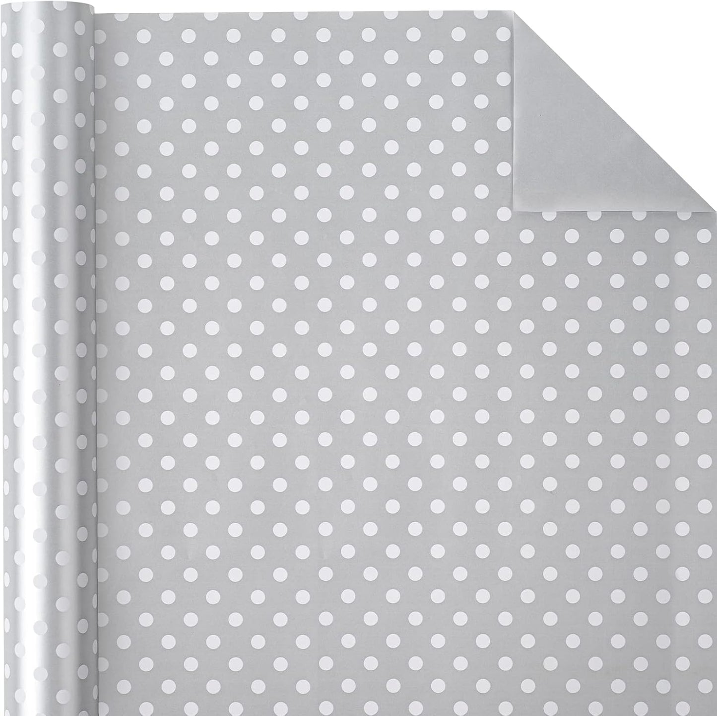 WRAPAHOLIC Reversible Wrapping Paper - Mini Roll - 17 Inch X 33 Feet - Silver Print and Polka Dot Design for Birthday, Holiday, Wedding, Baby Shower