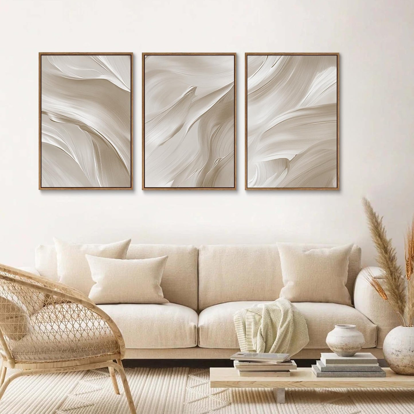 myusuar 3 Piece Large Abstract Framed Wall Art For Living Room, Smoke Texture Ink Beige White Canvas Wall Art Modern Minimalist Art Prints Wall Décor For Bedroom Office 24x36in