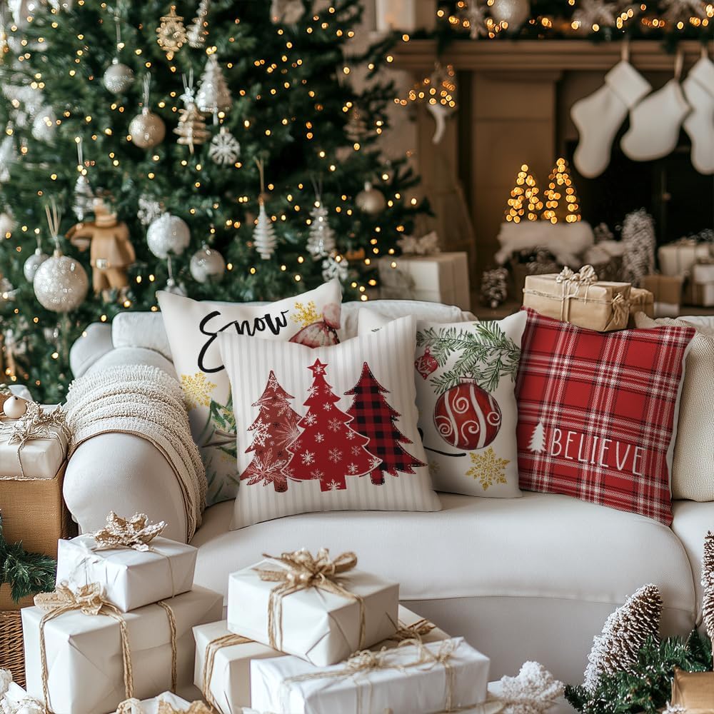 GEEORY Winter Christmas Throw Pillow Covers 16 x 16 Inch Set of 4, Xmas Trees Snowflake Snowman Joy Holiday Farmhouse Decorative Cushion Cases for Home Decoration G583-16