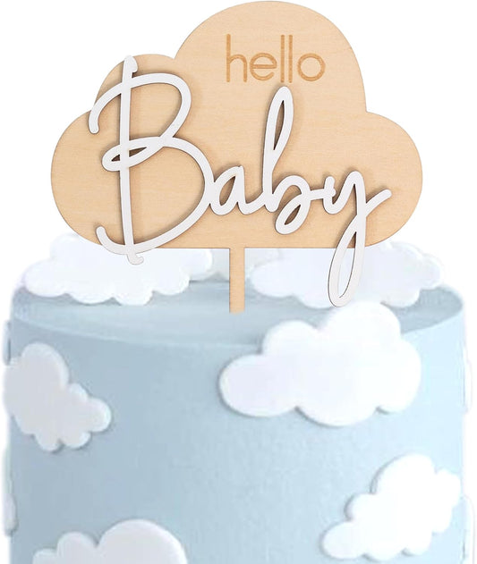 Hello Baby Wooden Cake Topper - Cloud Themed Baby Shower Party Cake Topper，Gender Reveal Party Decoration