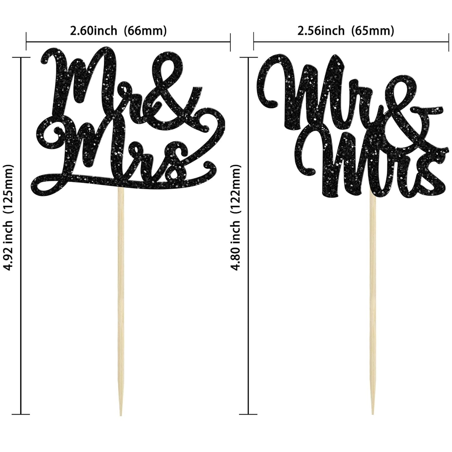 Gyufise 36Pcs Mr & Mrs Cupcake Toppers Glitter Bridal Shower Cupcake Picks for Wedding Engagement Theme Party Cake Decorations Supplies Black