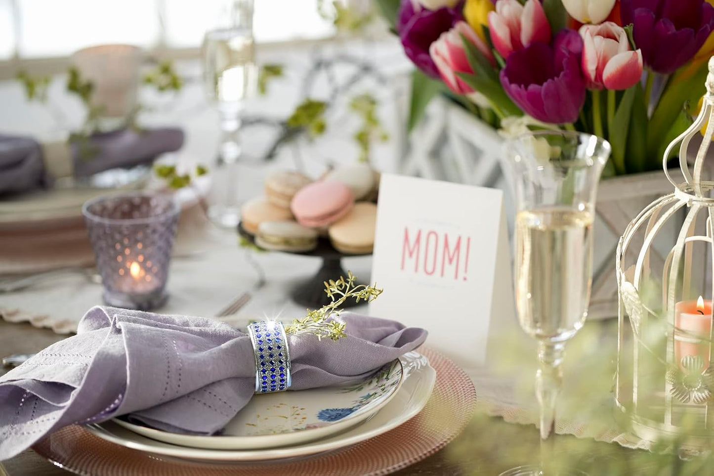 Rhinestone Napkin Ring Silver Diamond Napkin Rings Stainless Steel Blue Crystal Napkin Holder Set of 6 for Dinner,Wedding,Christmas Thanksgiving Holiday Party or Everyday Table Decoration