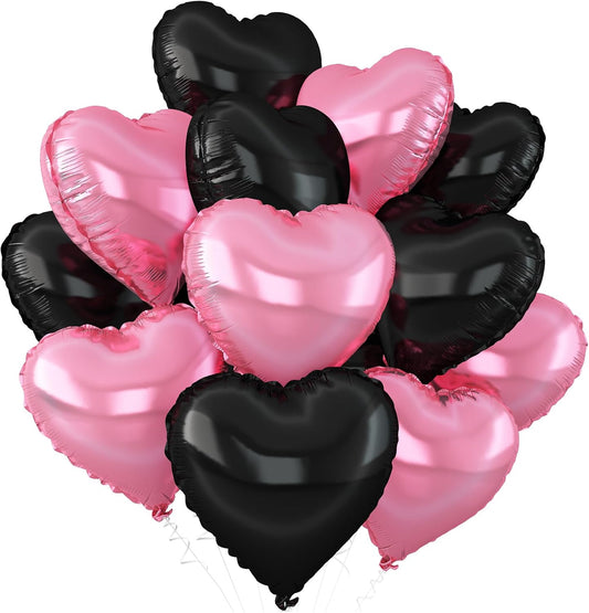 Pink Black Heart Balloons,12Pcs Light Pink Heart Shaped Foil Balloons,18Inch Black Pearl Pink Helium Balloon for Baby Shower Birthday Anniversary Wedding Party Decorations