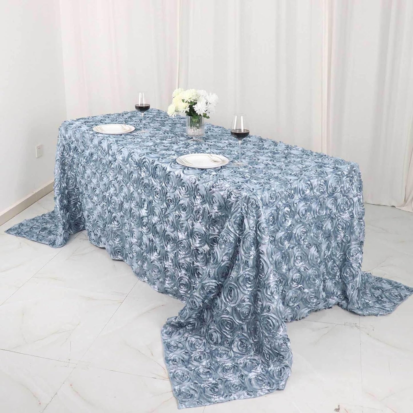 Efavormart 90"X132" Dusty Blue Grandiose 3D Rosette Satin Rectangle Tablecloth for Wedding Party Event