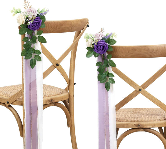 Wedding Aisle Decorations for Wedding Ceremony Set of 10 Pew Flowers for Church Chair Decorations Party Decor with Artificial Flowers Eucalyptus and Ribbons Purple