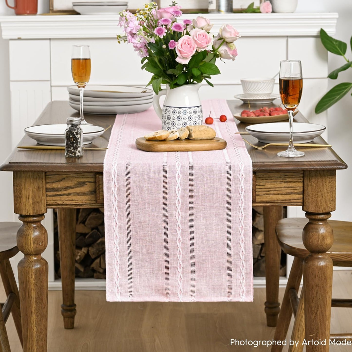 Artoid Mode Pink Rustic Cotton Linen Table Runner, Seasonal Embroidered Hollow Kitchen Dining Table Decoration for Home Party Decor 13x90 Inch