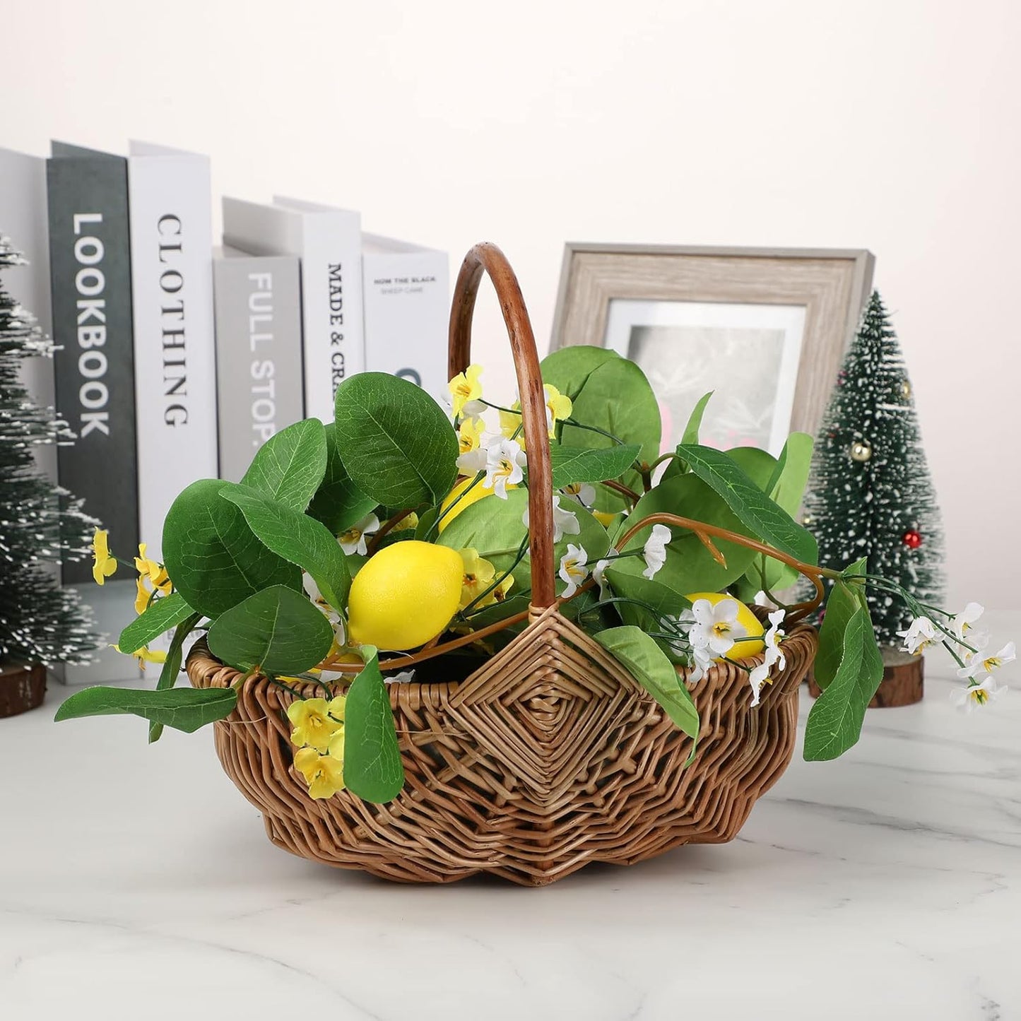DULRLLY 2 Pcs Handwoven Flower Basket with Handle, Willow Storage Basket Empty Wicker Picnic Basket with Plastic Insert, Easter Basket Wedding Flower Girl Baskets for Home Party Decor (S)