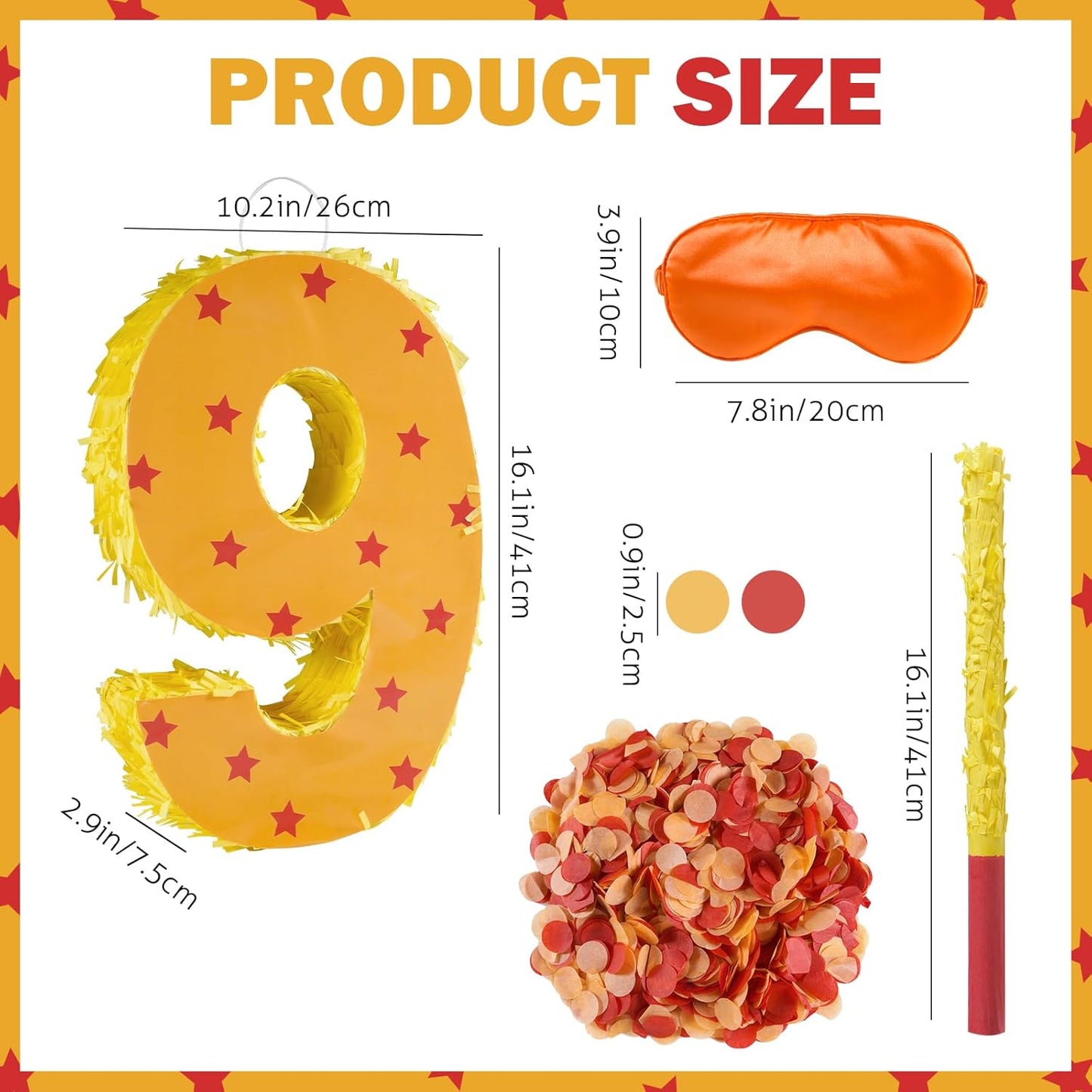 Orange and Red Star Number 9 Pinata, 16 Inch Piñata for 9th Birthday Party Decorations with Stick, Blindfold and Confetti (15.7 inch Number 9 Pinata)