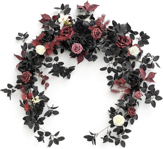 Ling's Moment Flower Garland - 6FT Eucalyptus & Rose - Sweetheart Table Decor for Wedding Reception, Artificial Floral Garland for Mantle, Thanksgiving, Christmas Decoration, Black & Burgundy