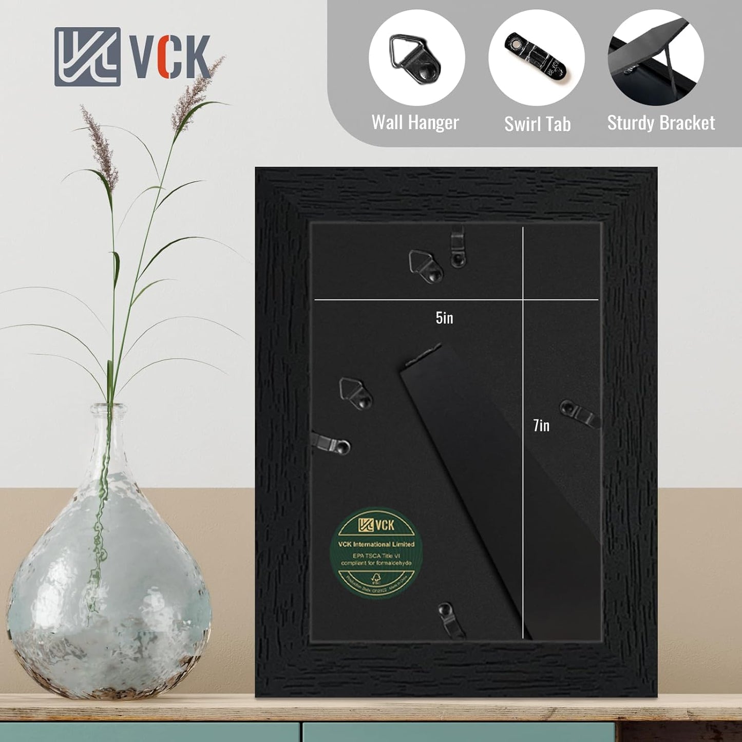 VCK 5x7 Picture Frame Set of 2 - Black, Textured Exclusive Wooden Photo Frames with HD Glass | Matted to 4x6 or 5x7 without Mat | Table Display or Wall Hanging