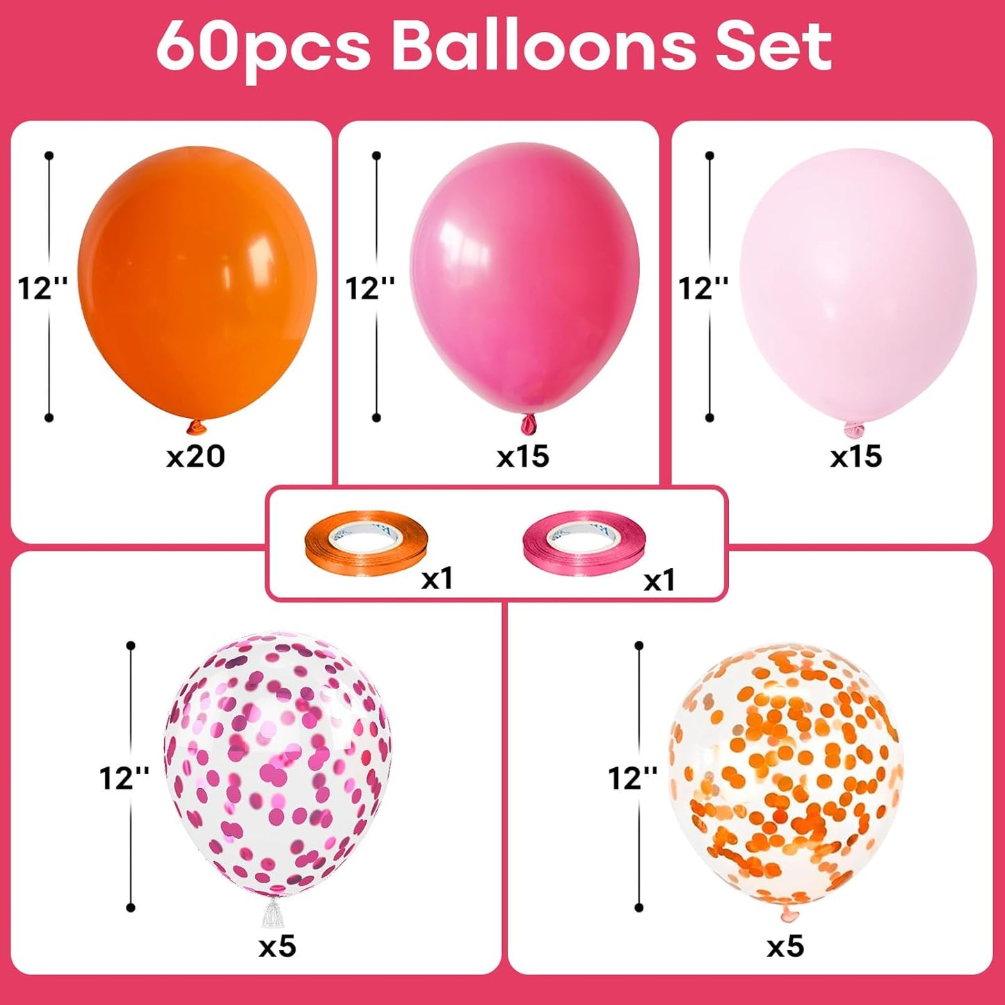 Pink and Orange Balloons 12 Inch for Fall Halloween Baby Shower Birthday Princess Tropical Wedding Party Decor - Hot Pink, Pastel Light Pink, Confetti Latex Balloon