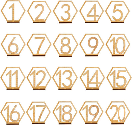 Wooden Table Numbers, Hexagon Shape 1-20 Wedding Table Numbers with Holder Base Rustic Hollow Out Wood Table Numbers Card for Wedding Party Event Catering Decoration (Hexagon)
