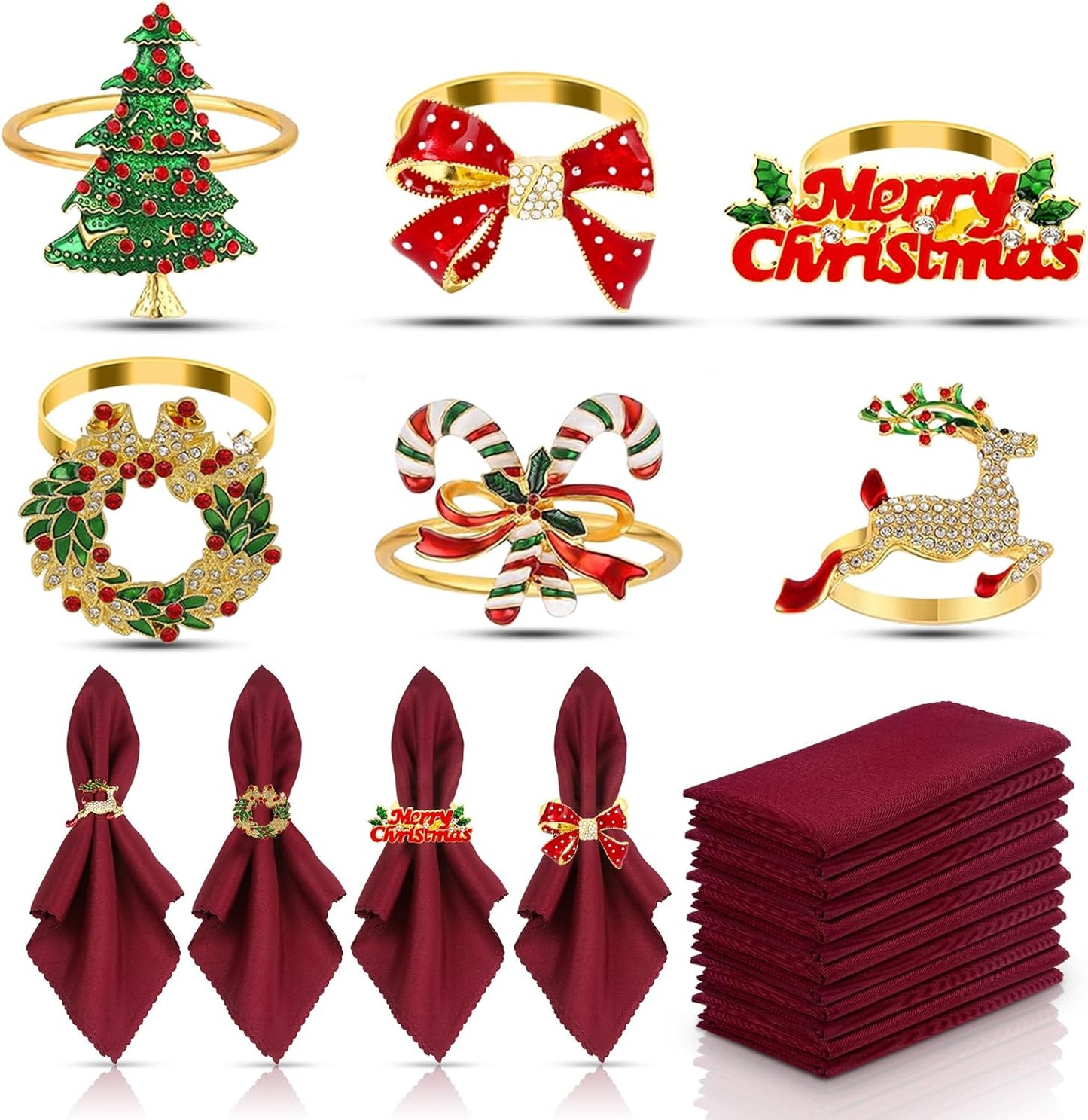 KPOSIYA 12PCS Christmas Napkin Rings Set of 6 and 6pcs Red Napkins Cloth, Metal Xmas Napkin Ring Holders for Winter Christmas Holiday Dinner Party Table Decoration