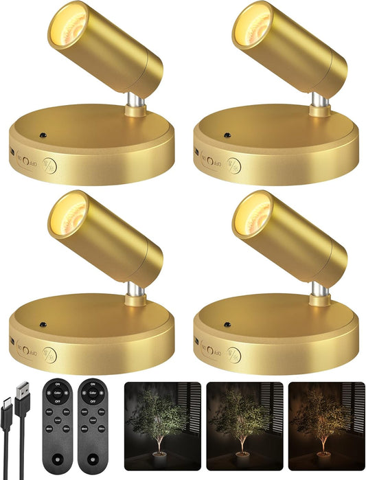 EZVALO LED Spotlight Indoor, 5500mAh Rechargeable Battery Uplighting Indoor, Wireless Mini Art Accent Spot Lights with Remote, for Plants Display Painting Dartboard Artwork Portrait Closet(4Pack-Gold)