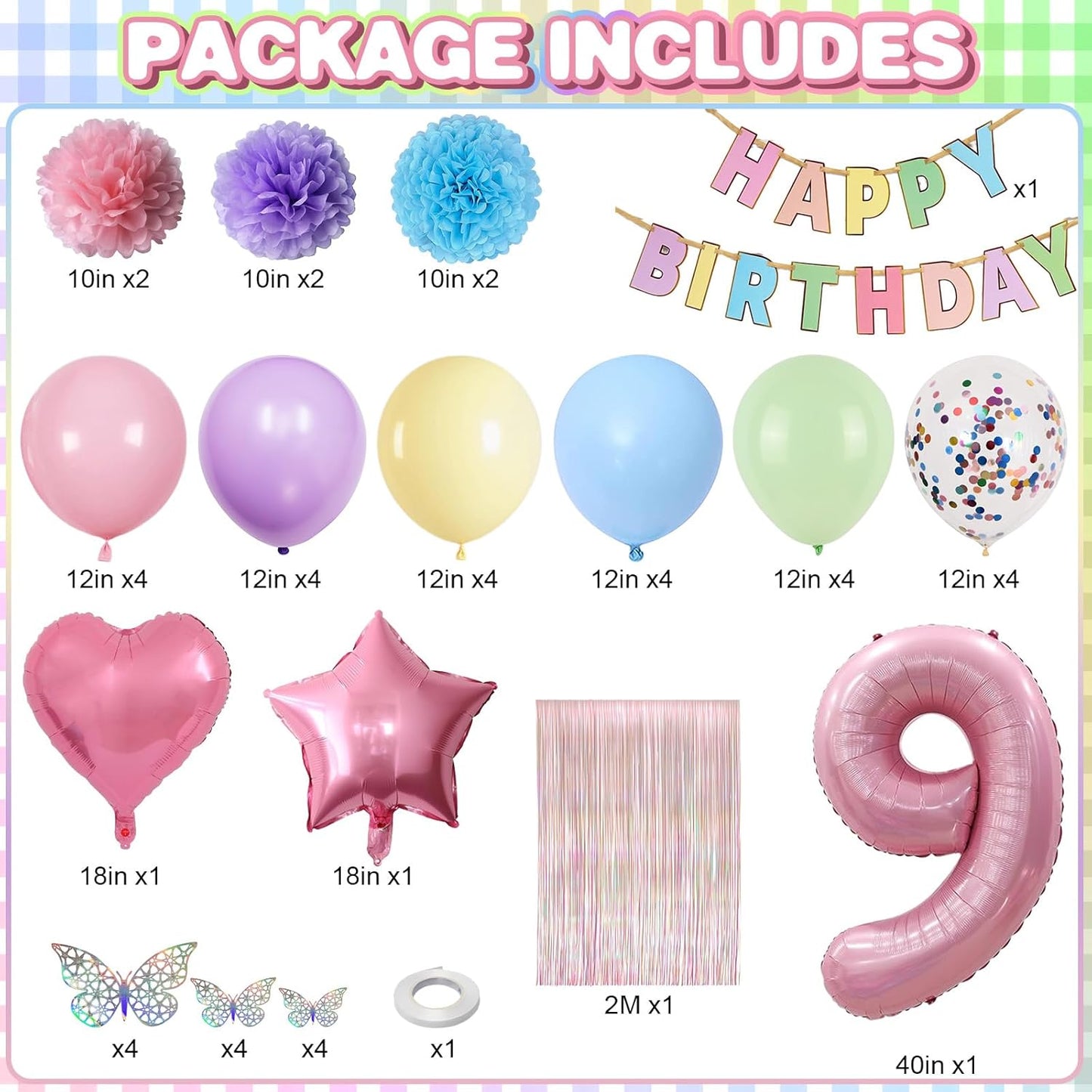 Pastel 9th Birthday Party Decorations for Girls Number 9 Balloon Happy Birthday Banner Butterfly Stickers Fringe Curtain Paper Pom Poms Macaron Pink Star Heart Foil Colorful Balloons 9 Year Old Decor