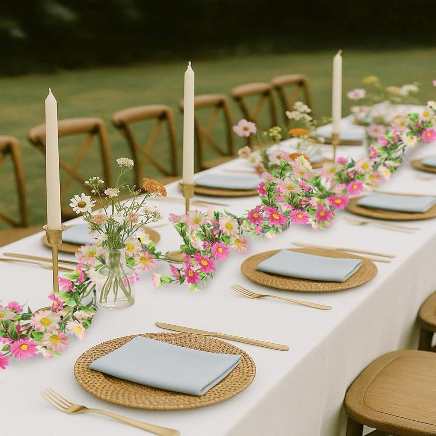 2 Pack Pink Flower Garland Daisy Flowers Silk Artificial Wildflower 13ft Wedding Floral Garland Fake Hanging Vines for Party Decoration Wall Backdrop Table Runner Indoor Outdoor Decor Multicolored