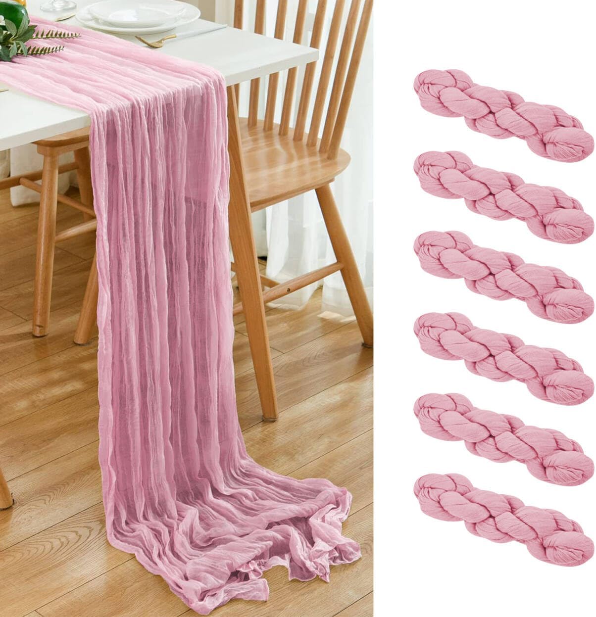 6 Pack Pink Cheesecloth Table Runner 20x120 Inch Boho Wrinkled Sheer Romantic Gauze Decor for Wedding, Bridal Shower, Birthday Party