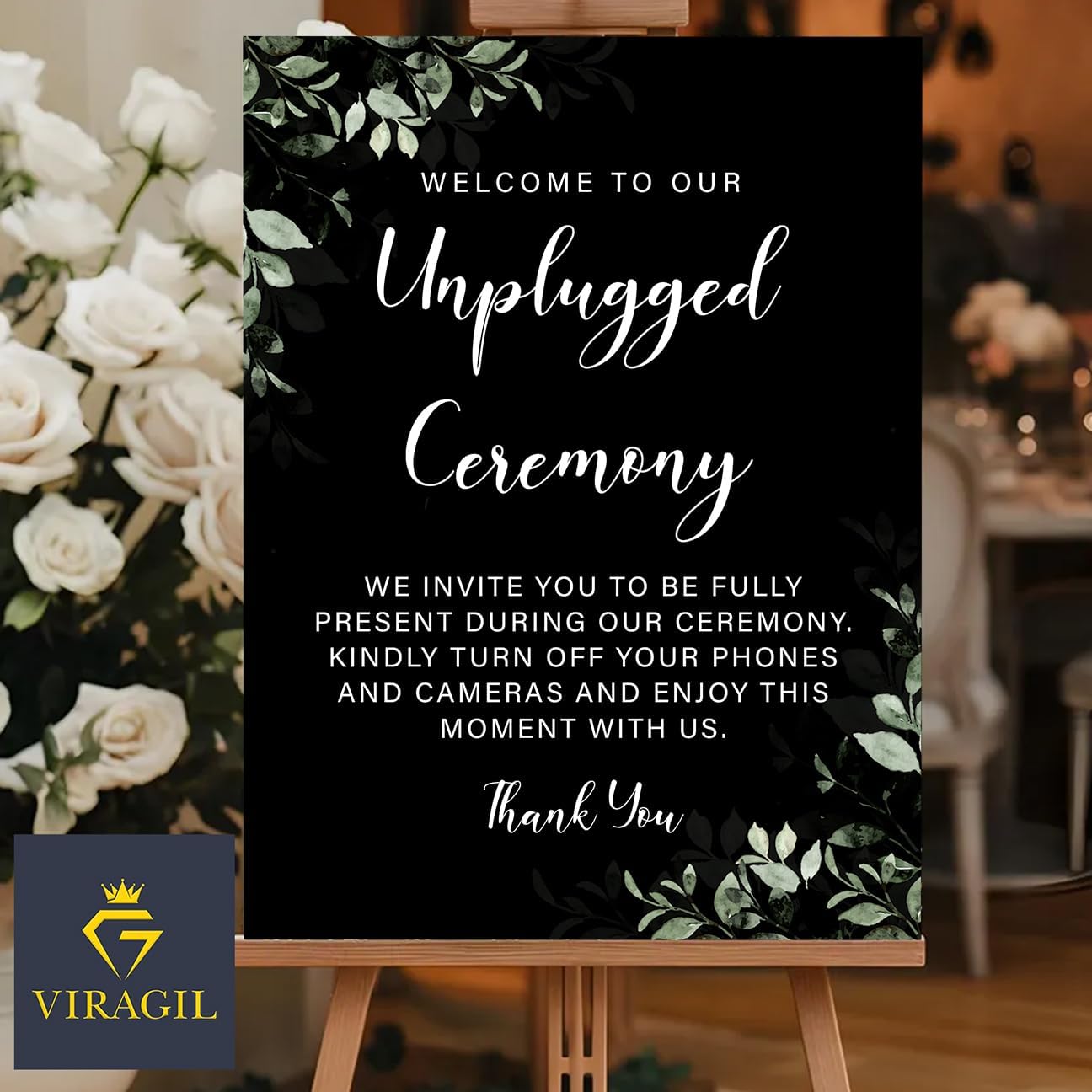 Unplugged Ceremony Wedding Sign – Elegant Greenery Design for Outdoor Weddings – Turn Off Phones & Cameras – Rustic Floral Yard Sign