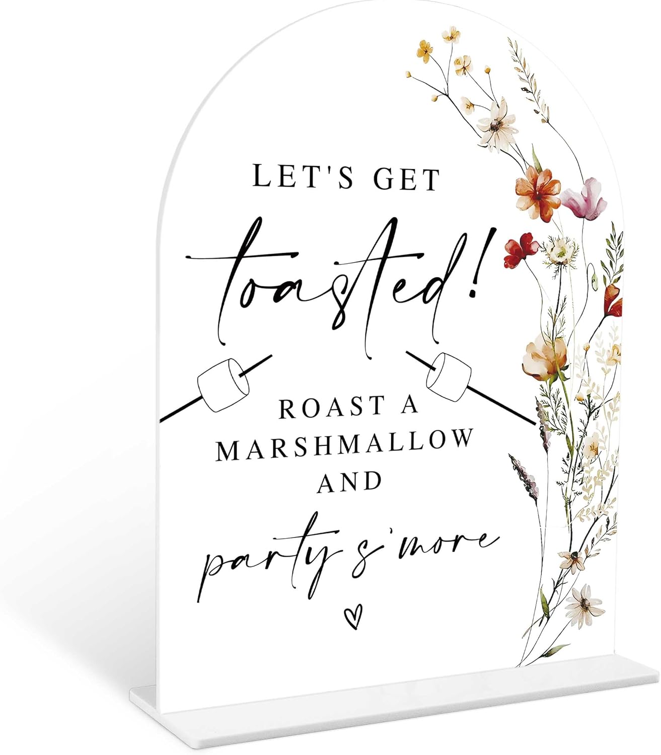 Boho Floral S'mores Bar Sign, 6 x 8 Inch White Arch Acrylic Wedding Sign with Holder, Wedding Sign for Ceremony and Reception, Wedding Decoration, Wedding Supplies - BX20