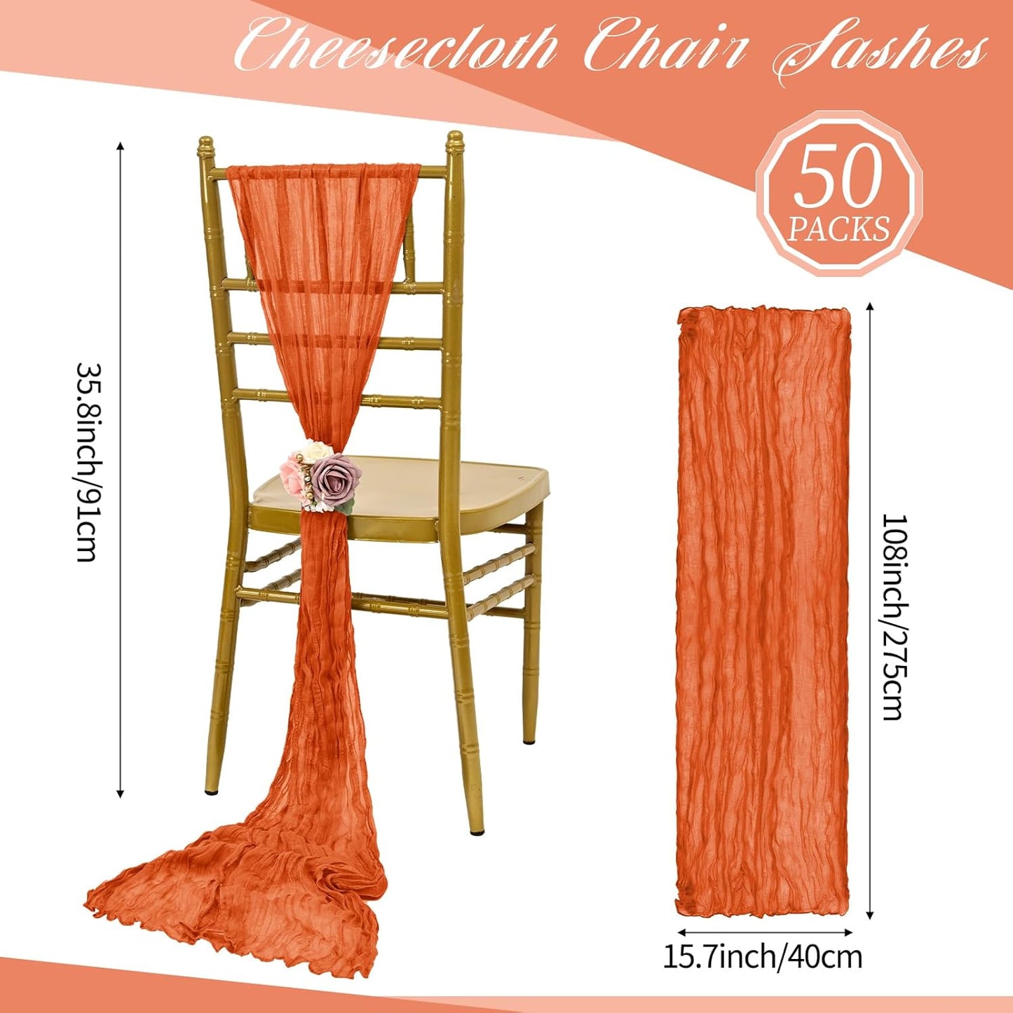 50 PCS Cheesecloth Chair Sashes, Bows Designed ChairSashes, 15.7x108 inch Chair Sashes for Aisle Decorations Universal Chairs Cover Decoration for Wedding Reception Party Banquet (Burnt Orange)