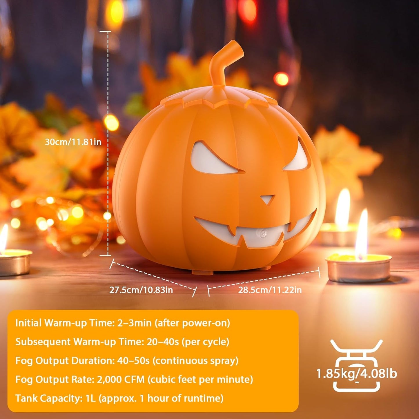 Fog Machine with LED RGB Lights, 800W Halloween Fog Machine with Remote Control, Pumpkin Smoke Machine 12 Colors Lighting Effect for Halloween Band DJ Show Club Outdoor Camping, 4 Pack