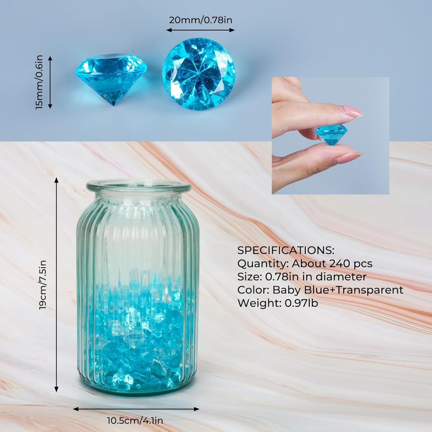 Acrylic Diamond Fake Gems Vase Filler, Babenest 240pcs 3/4 Inch Faux Diamonds Crystals Jewels for Table Scatters Wedding Party Event Arts & Crafts Birthday Decoration (240, Baby Blue/Clear)