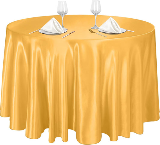 Ruisita 120 Inches Round Satin Tablecloths Gold Overlay Round Satin Table Cover Bright Silk Tablecloth Smooth Fabric Tablecloth for Wedding Banquet Table Decoration