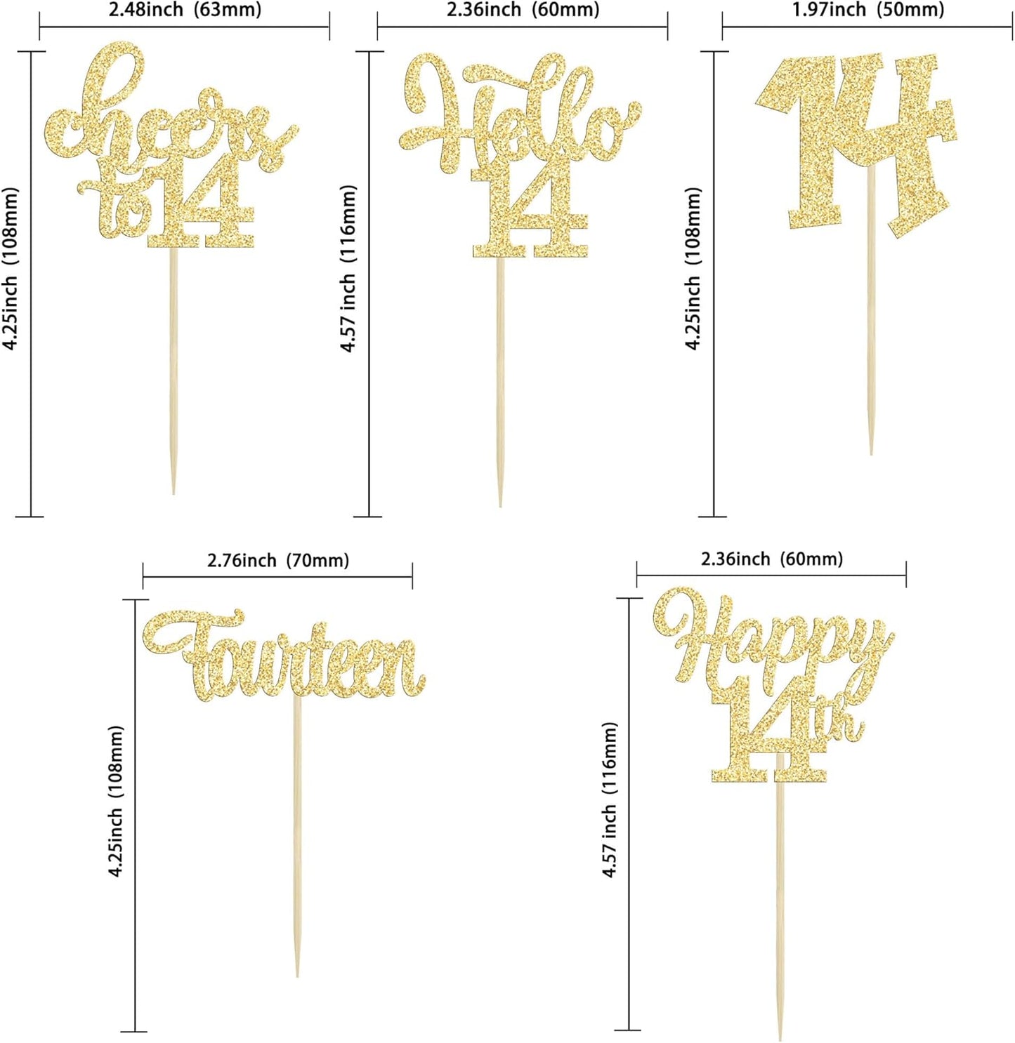 30Pcs 14th Birthday Cupcake Toppers Hello 14 Cupcake Picks Fourteen Cheers to 14 Years Old Cake Decorations for 14th Birthday Anniversary Party Supplies Gold Glitter