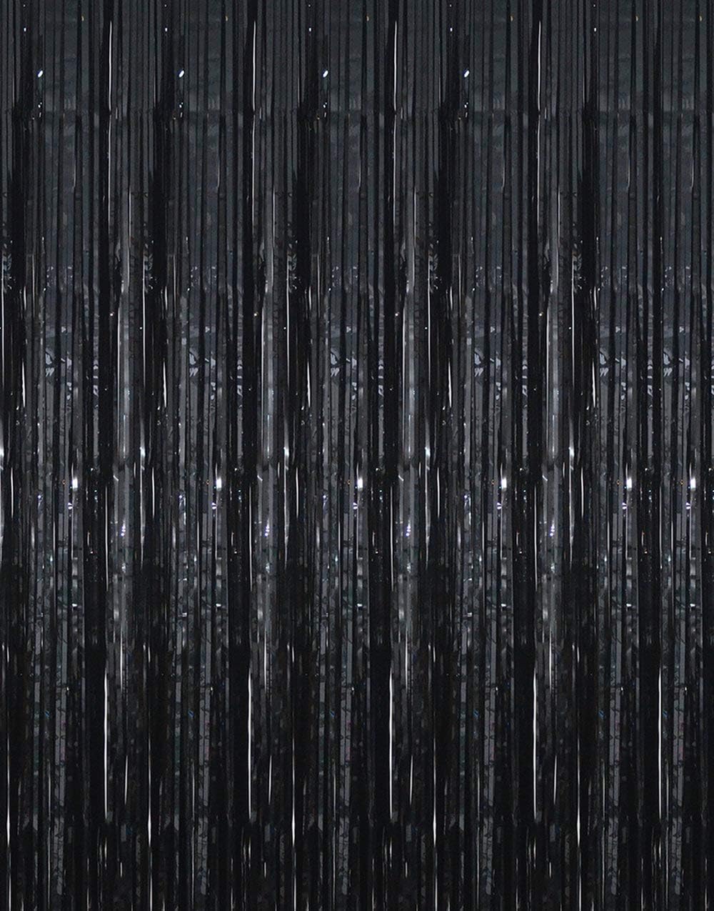 GOER 6.4 ft x 9.8 ft Metallic Tinsel Foil Fringe Curtains,Pack of 2 Party Streamer Backdrop for Birthday,Graduation Decorations and New Year Eve (Black)