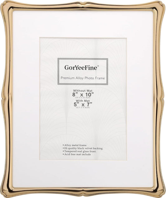 8 x 10'' Premium Alloy Gold Photo Frame with Acid Free 5x7'' Mat - High-End Décor Metal Frames 5x7'' with Black Velvet Back