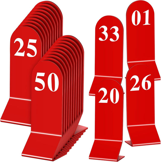 Remerry 50 Pcs Table Numbers 1-50 Acrylic Double Sided Number Cards Acrylic Tent Table Holders Tent Cards Wedding for Restaurant, 2.36 x 6.3 Inch (Red)