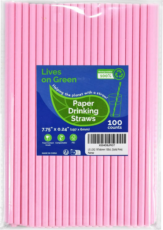 Solid Pink Disposable Paper Drinking Straws 7.75 inch 100 Counts - for Party, Cocktails, Cake Pops, Bars, Restaurants