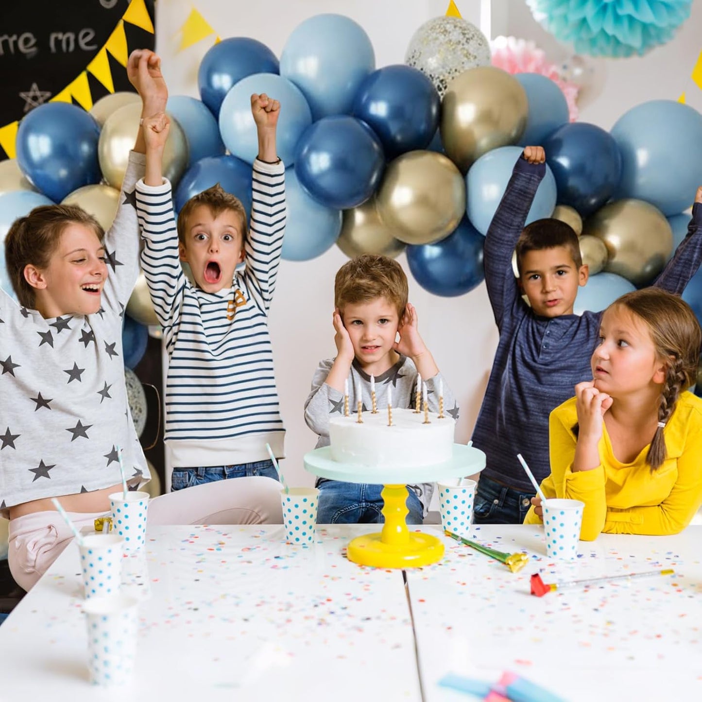 Blue and Gold Balloon, 50 Packs 12 Inch Metallic Blue Pearl Double Stuffed Blue Balloons with Gold Confetti Ballons for Birthday Party Decorations Wedding Bridal Shower Baby Shower Graduate