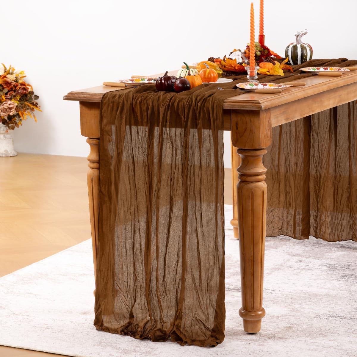 Brown Cheesecloth Table Runner Tan 6 Pack Fall Table Runners Boho Gauze 120 Inches Marron Cheese Cloth Fall Table Decorations for Thanksgiving Wedding Bridal Baby Shower Tea Party Decor
