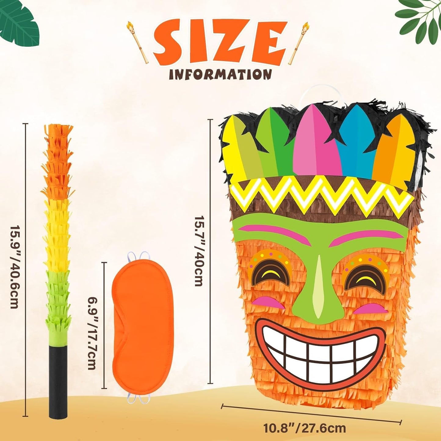 WERNNSAI Tiki Piñata -Tropical Hawaii Piñata with Blindfold and Bat for Girls Boys Kids Piñata Hawaiian Luau Themed Party Decorations for Summer Birthday Party Supplies Carnivals Festivals Celebration