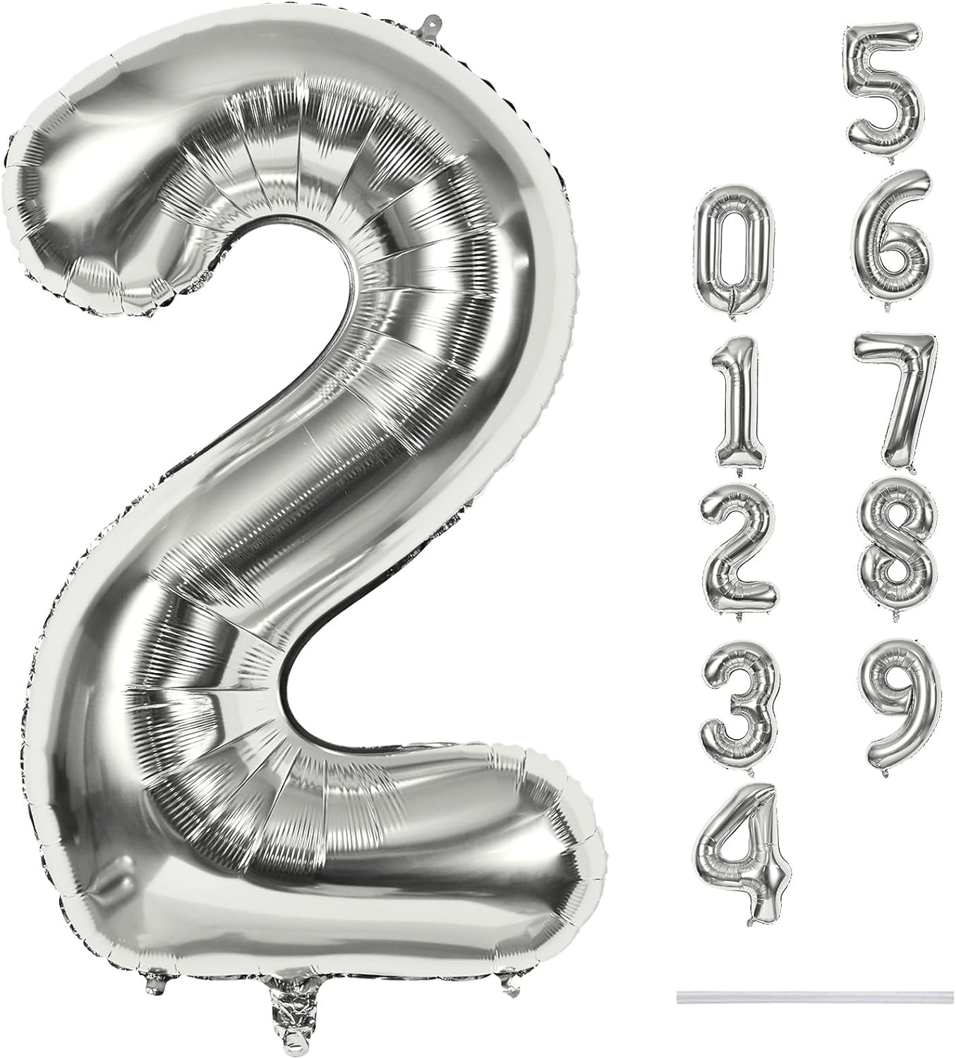 Silver Number Balloons, 40 inch Large Number 2 Foil Helium Balloons for Girls Women, Self Inflating Number Balloons 0-9 for Men Boys 2nd 12th 30th Birthday Anniversary Party Celebration Decoration