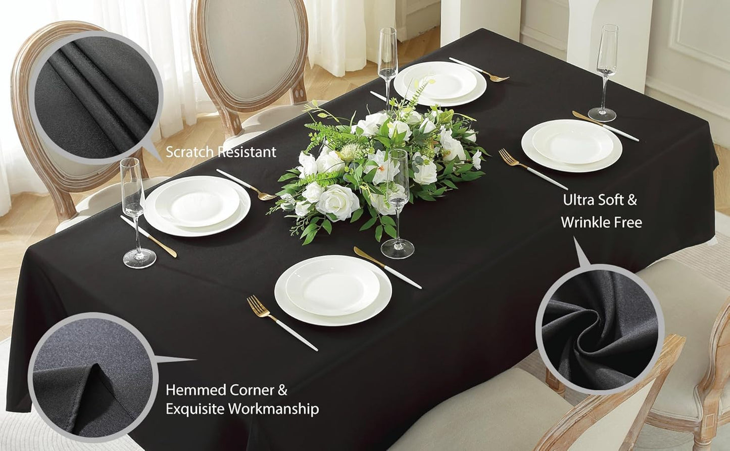 Craft And Party Rectangle Tablecloth, 60 x 102 Inch Black, 6ft Washable Polyester Tablecloth for Home, Party, Wedding or Restaurant