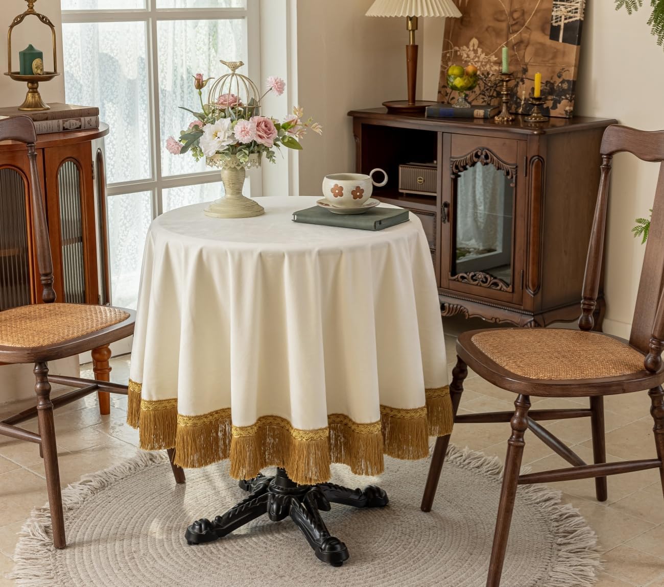 F-CHU White Tablecloth Thickset Velvet Tablecloth with Beautiful Gold Tassels Vintage Table Cloth for Home Decor Wedding, Party, Banquet and Events 60" Round